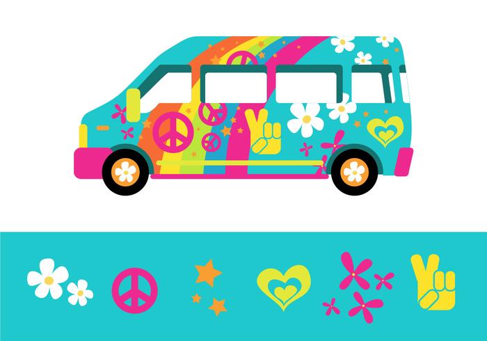 El Psychedelic Rainbow Bus de Hippy Town vector