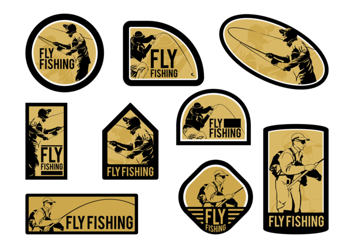 Man Fly Fishing Vector Labels