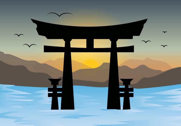 Torii Gates And Sunset Landscape Vector