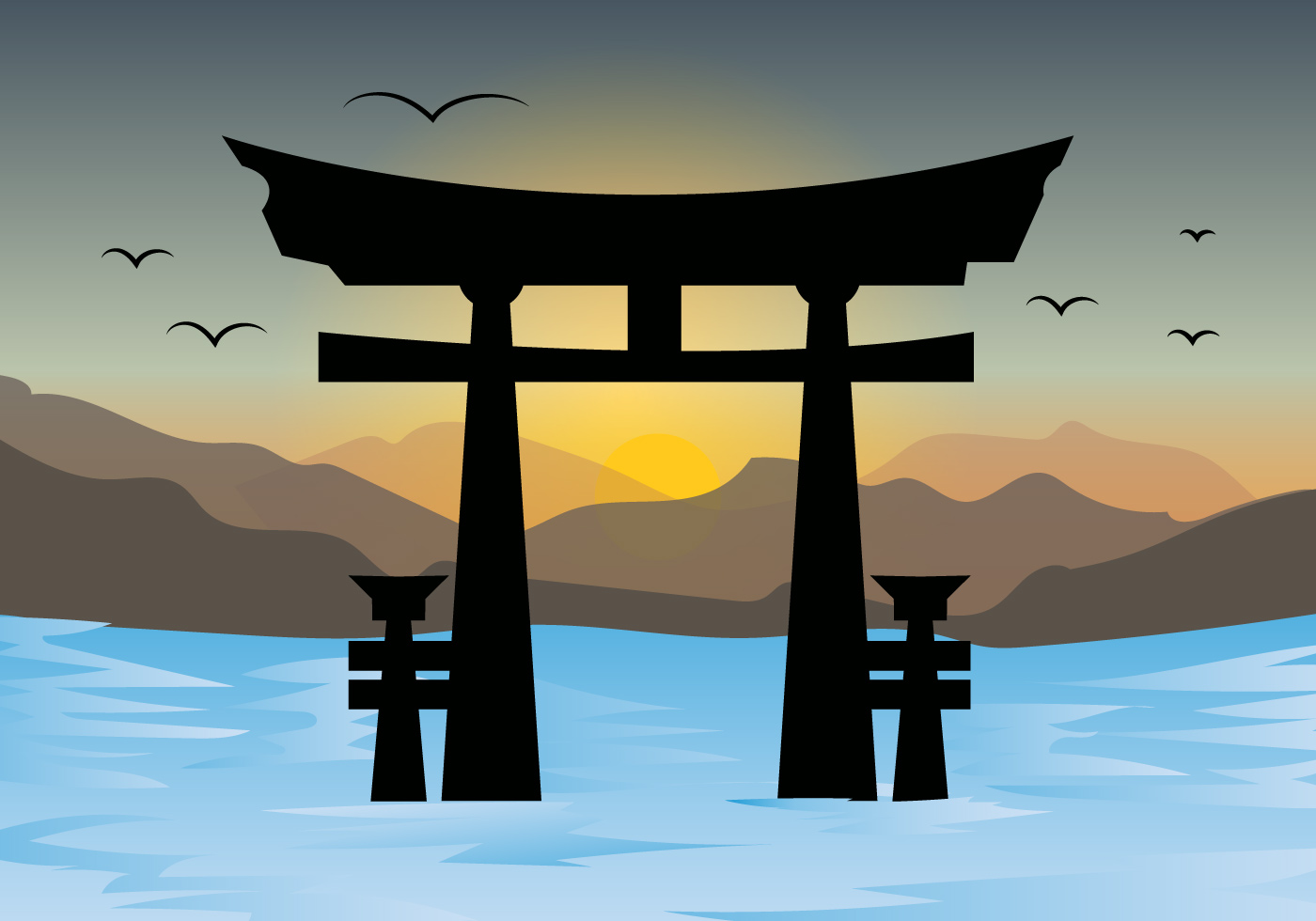 Torii Gates And Sunset Landscape Vector 130830 - Download Free Vectors