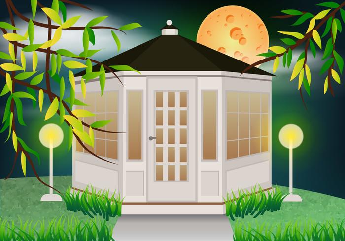 Blanco Gazebo En El Jardín Con La Luz De La Luna Vector