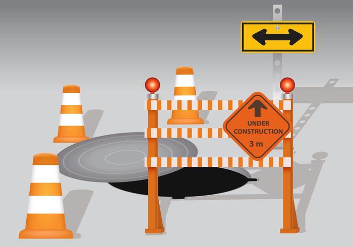 Manhole With Cone And Board Warning vector