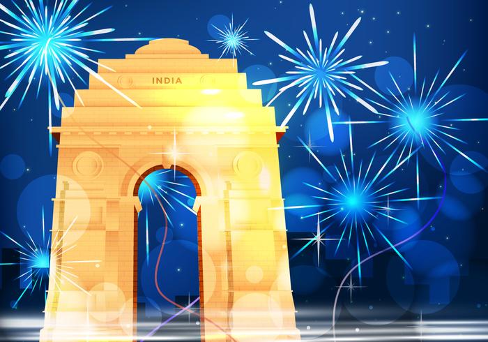 Puerta de la noche de la India con ilustración de fuegos artificiales vector