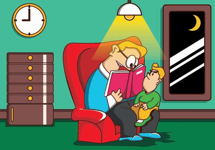 Ilustración de padre e hijo mientras leía la historia vector