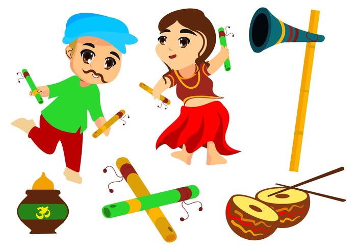 Free Couple Kids Dance Garba Vector Illustration