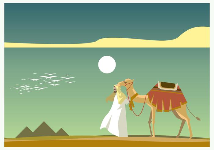 Egipcio con camello delante de vector pirámide