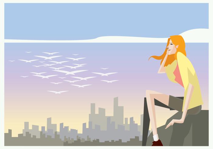 Beautiful Girl sitting in the Stone at the Afternoon Vector Beautiful Girl sitting in the Stone at the Afternoon Vector