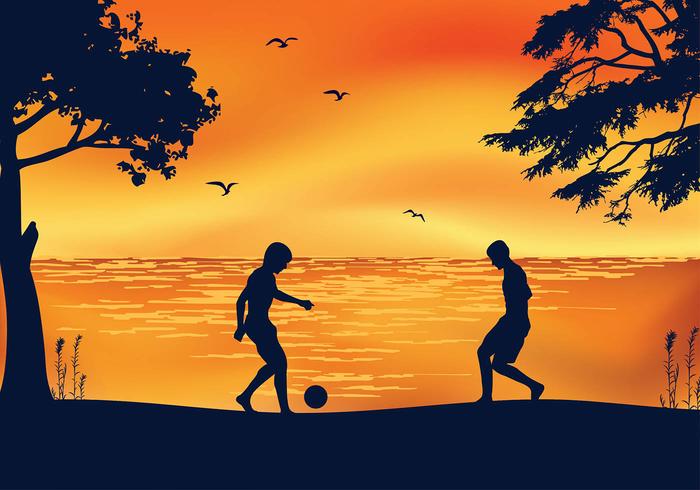 Fútbol playa puesta de sol vector