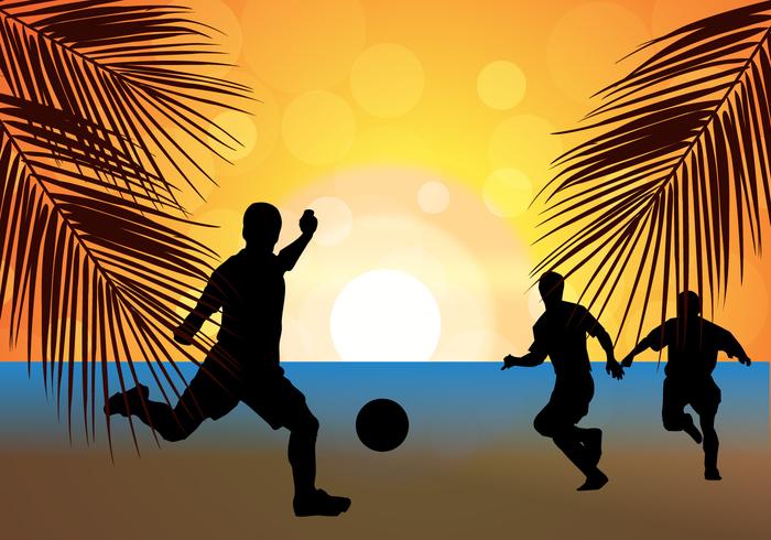 Fútbol de la playa Fútbol Silueta de la puesta del sol vector