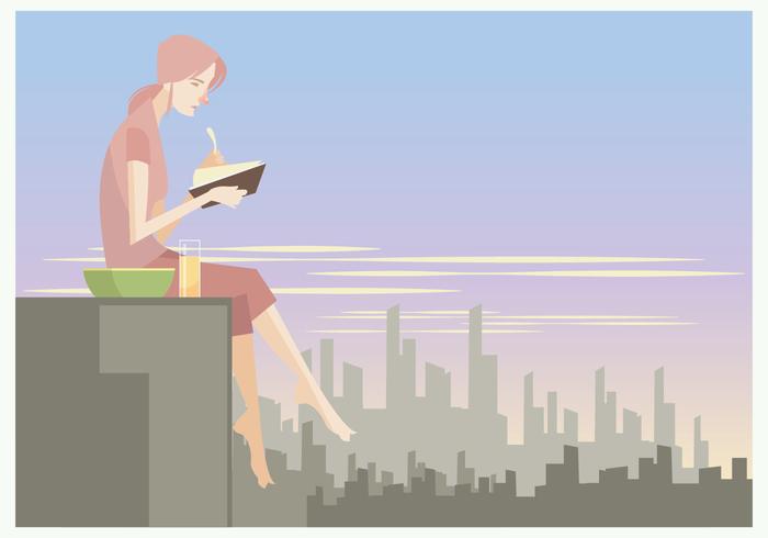 A Girl Reading a Book While Eating Snacks at the Rooftop Vector