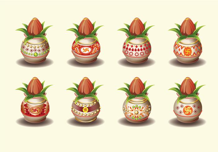 Set Vector illustration of Kalash with Coconut and Mango Leaf