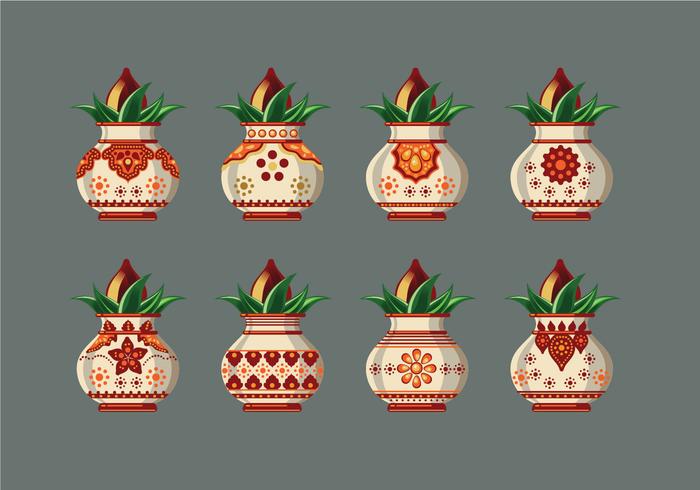 Set Vector illustration of Kalash with Coconut and Mango Leaf