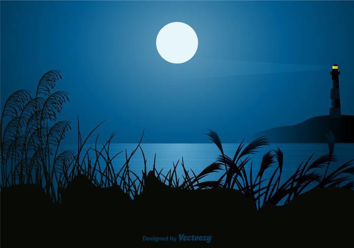 Free Seascape At Night Vector Illustration