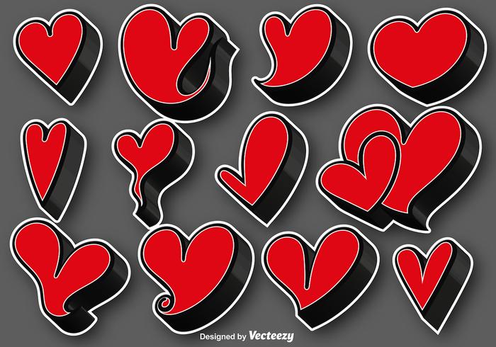 Collection Of 3D Hearts Stickers - Vector