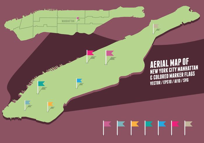 Mapa aéreo de New York City Manhattan y de las banderas de colores del marcador vector