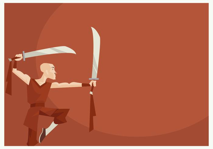 Shaolin Monk Performing Wushu With Two Sword Vector