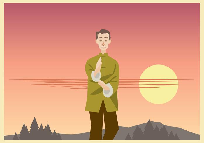 Wushu Maestro Practicar en el vector de la tarde