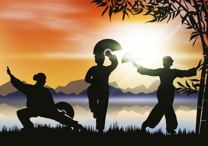 Women Doing Tai Chi In The Afternoon vector