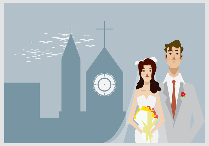 La novia y el novio de pie delante de la Ilustración Iglesia vector