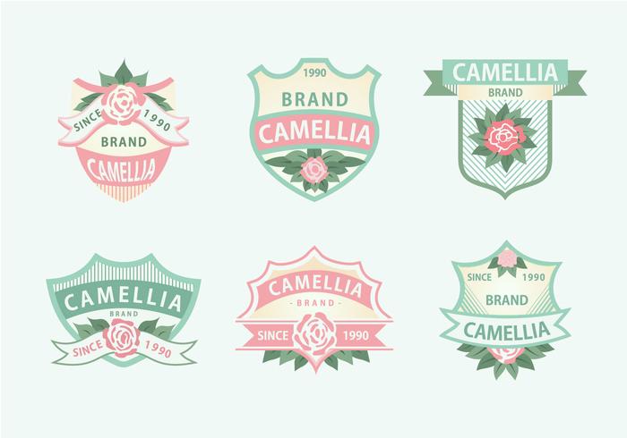 Camellia Flowers Pink Green Soft Color Label Vector