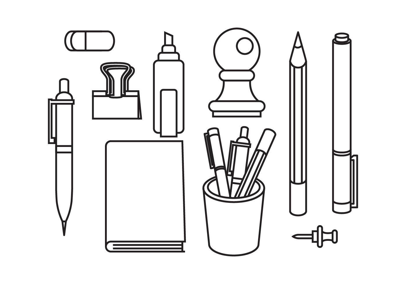 Vector Illustration. Drawn Set Of Stationery, Art Materials, Line Drawing  Pens And Pencils. Royalty Free SVG, Cliparts, Vectors, and Stock  Illustration. Image 126092655.