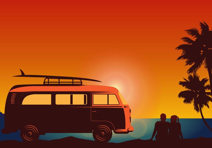 Surfer Couple with VW Style Van Vector Surfer Couple with VW Style Van Vector