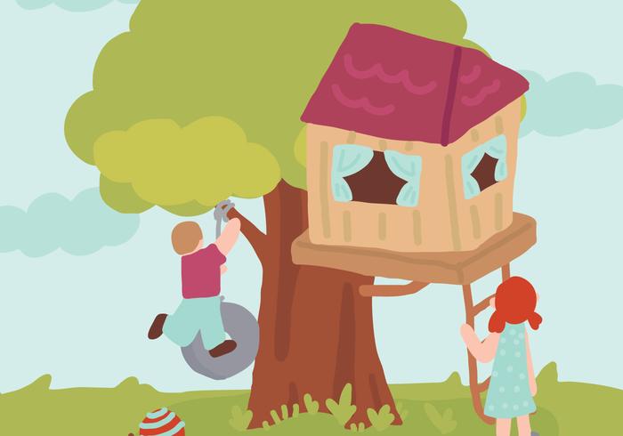 Niño y niña con su casa del árbol del vector