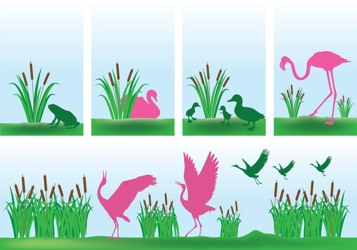 Cattails with Pink Birds Background Vectors