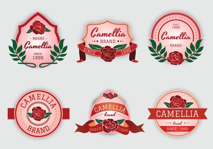 Camellia flowers pink label vector