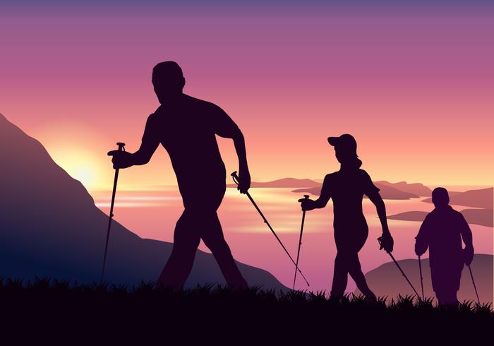 Adventurous People Nordic Walking in Mountain Vector