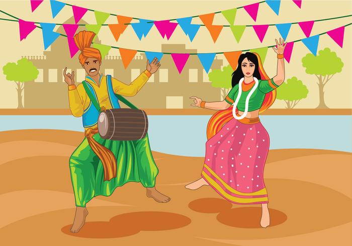 Vector pareja realizando Bhangra Folk Dance de la India