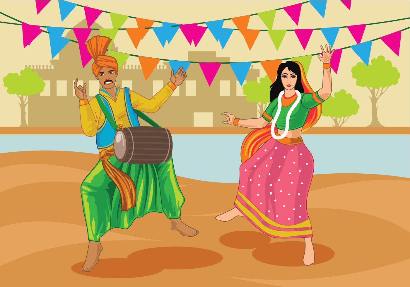Vector Couple Performing Bhangra Folk Dance of India 142315 Vector Art