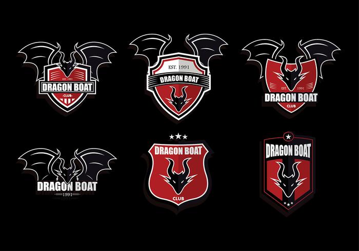 Red Dark Dragon Boat Logo Set Vector