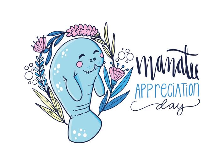 Carácter lindo del Manatee Con Flores del estilo y las letras dibujadas mano vector