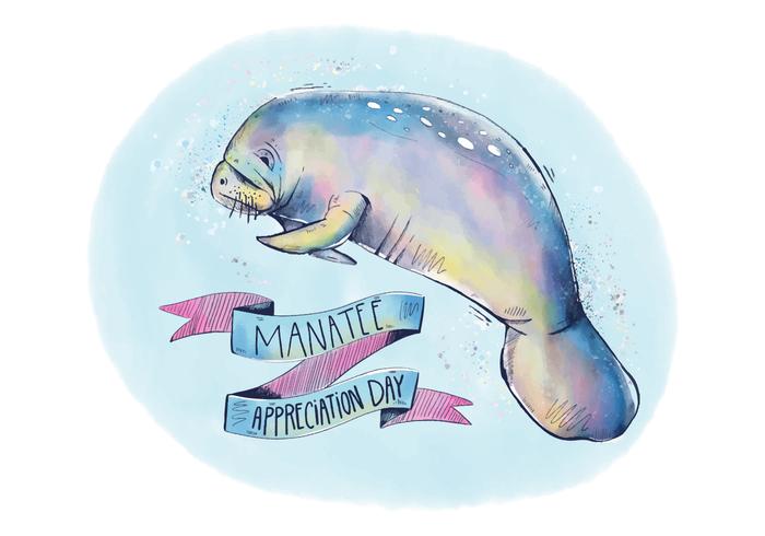 Colorful Manatee Appreciation Background with Ribbon And Lettering Watercolor Style vector