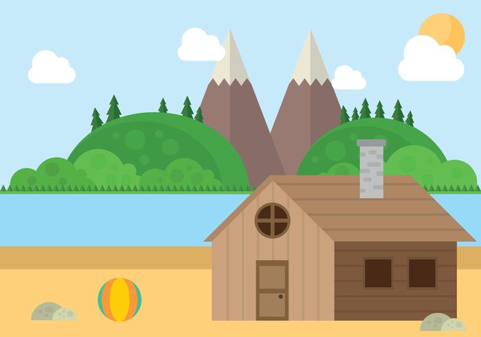 Mountain Beach Cabin Landscape Vector 