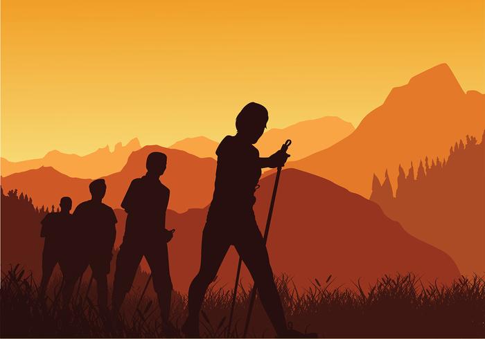 Nordic Walking Sunset Silhouette Vector