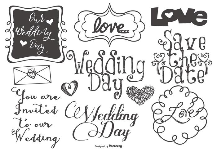 Las letras boda linda y garabatos vector