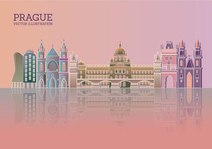 Prague Skyline with Color Buildings Blue Sky and Reflections vector