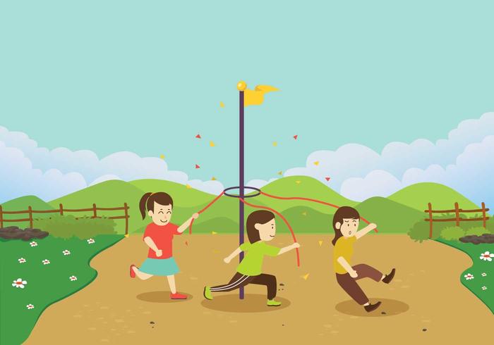 Los niños corriendo alrededor de un vector Maypole