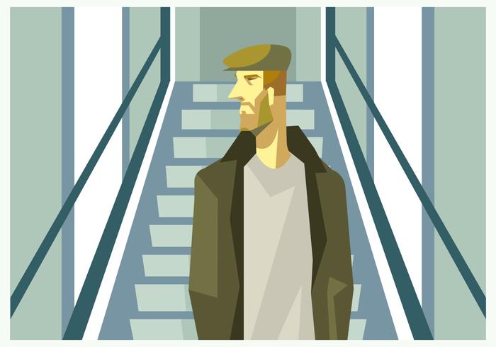 A Man With Hat At The Escalator Vector