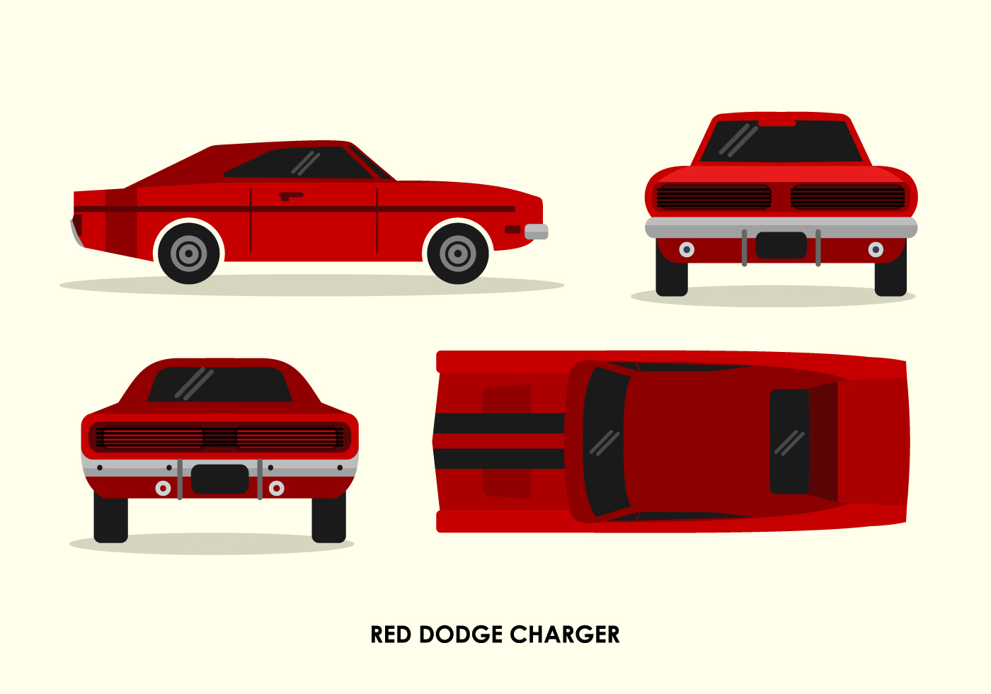 Vintage Red Dodge Charger Front Back Top Side View Vector