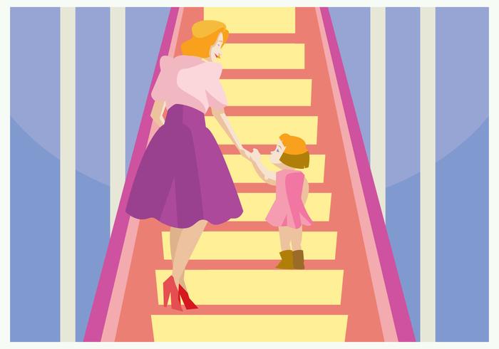 Mom And Her Daughter in The Escalator Vector