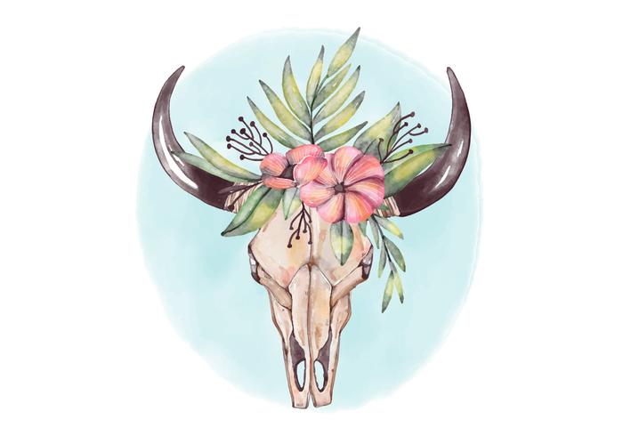 Cute Bull Skull Wearing Crown Flowers And Blue Background Vector