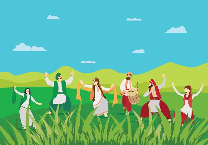 El hombre libre y mujeres que realizan Bhangra Dance On paisaje verde Ilustración vector