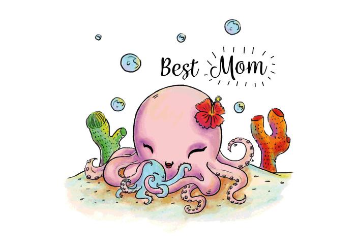 Cute Octopus Mom And Son Hugging Under The Sea Vector