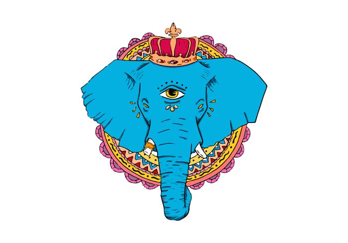 Hand Drawn Vector azul del elefante con la corona