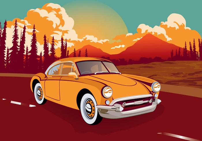 Vintage Classic Car Across The Road Vector Illustration