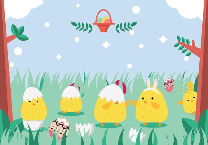 Easter Chick Playing In Grass Vector 