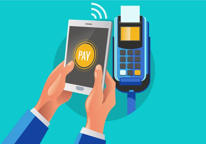 El pago de un cliente comerciante con el teléfono móvil NFC Tecnología vector